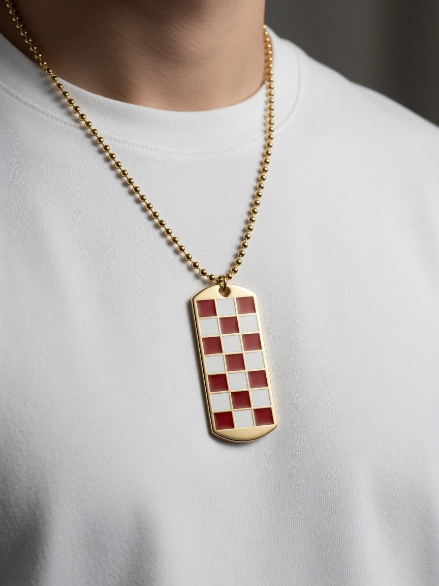 Red and White Dog Tag in Sterling Silver 41 mm X 18 mm